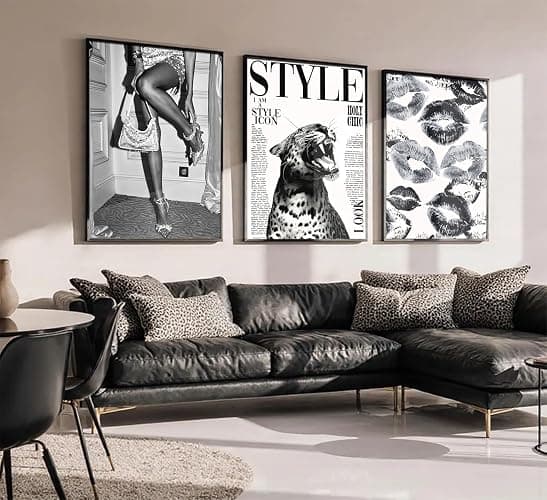 3Pcs Trendy Black and White Leopard Canvas Wall Art Vintage Newspeper Cheetah Wall Decor Fashion Girl Poster Heels Lips Picture Luxury Feminist Painting Print Artwork for Apartment Dorm,Unframed thumbnail 3