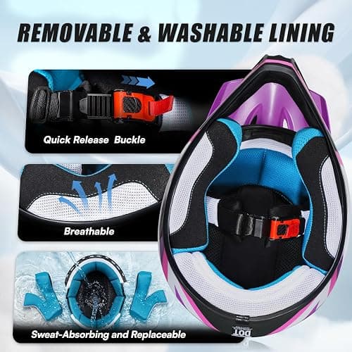 ROOZO Youth Kids Dirt Bike Helmet DOT Approved, Full Face Motocross Set | 4-in-1 set includes goggles gloves storage bag, ultra-light design, adjustable visor and washable liner for ATV UTV thumbnail 6