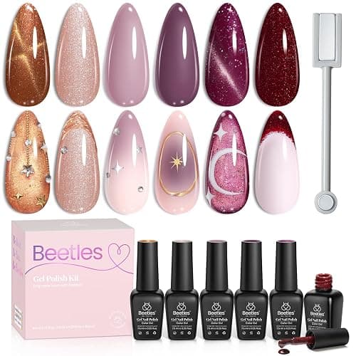 Beetles Cat Eye Gel Nail Polish Set, 6 Colors Stunning Magnetic Effect Nail | Brown Purple Glitter Nude Sparkle Champagne Burgundy Gold lavender U v Gel Polish Art Design Gifts for Women - Image 1
