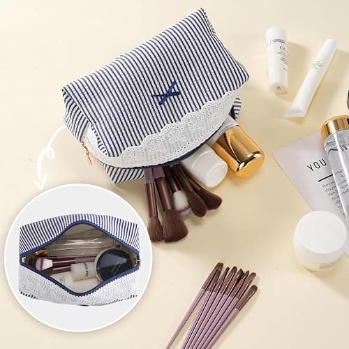 UUYUUY Makeup Bag Travel Toiletry Bag for Women, Small Cosmetic Bags with Lace Trim Cute Navy Stripe Aesthetic Organizer Makeup Pouch for Purse Emergency Bag for School Pencil Case Accessory Bag thumbnail 4