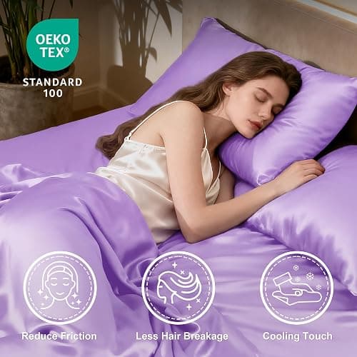 Love's cabin Satin Queen Sheets Set - 4 Piece Lavender Silky Bed Sheets with Deep Pocket, Luxury Silk Feel Satin Queen Size Sheet Set (1 Flat Sheet,1 Fitted Sheet,2 Pillow Cases) thumbnail 3