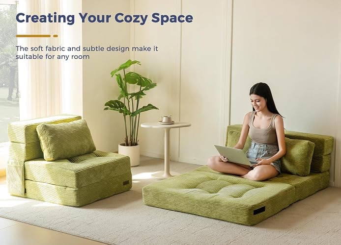 MAXYOYO Convertible Sofa Bed, Fold Out Loveseat Sleeper Sofa with Pillow, 4 in 1 Tufted Folding Couch Bed Foam Floor Couch, Lazy Chair for Living Room Bedroom Guest Room, Green thumbnail 6