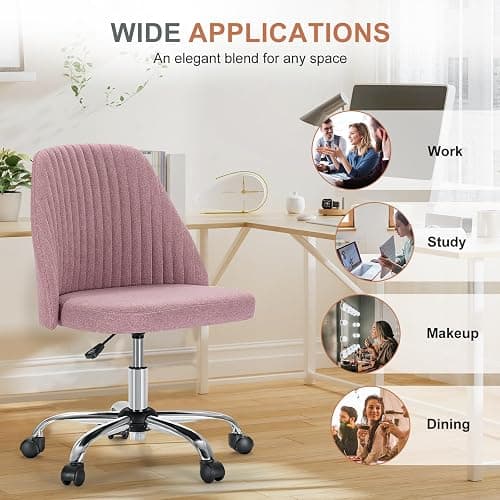 DUMOS Office Desk Chair, Modern Cute Rolling Vanity Swivel Task Seating with Wheels, Comfortable Back Seat Armless for Home, Bedrooms, Study, Student, Adults, Make-Up, Dressing Room Pastel Pink - Pastel Pink thumbnail 8