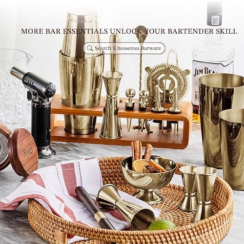 KITESSENSU Cocktail Shaker Set Bartender Kit with Stand | Bar Set Drink Mixer Set with All Essential Accessory Tools: Martini Shaker, Jigger, Strainer, Mixer Spoon, Muddler |Champagne Gold - 17pieces-Champagne Gold thumbnail 7