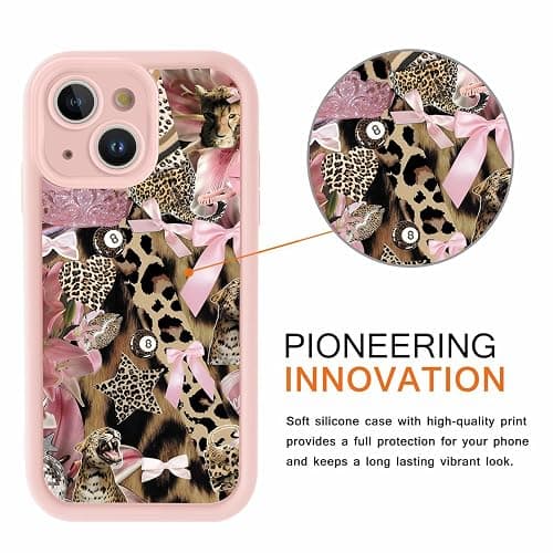 Tivkofk Leopard Floral Print Phone Case for iPhone 15 6.1'', Cute Pink Bow Cheetah Orchid Collage Aesthetic Case, Soft TPU Shockproof Phone Cover with Camera Protection for Women Girls thumbnail 2