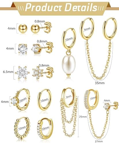 HAIAISO Small 14K Gold Plated Huggie Hoop Earrings for Women Lightweight Double Piercing Chain Earrings Dainty Stud Earrings Hypoallergenic 14K Gold Plated Hoop Earrings Set thumbnail 6
