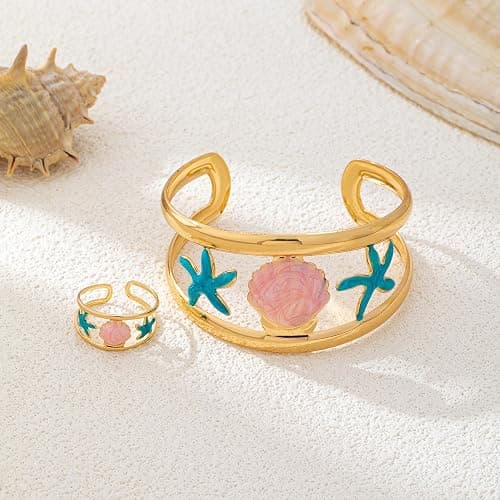 Nojess Boho Ocean Starfish Shell Open Cuff Bangle Bracelet Ring Set for Women Enamel Statement Summer Vacation Beach Jewelry thumbnail 3