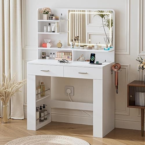 BonVache Dressing Table with LED Mirror, Vanity Desk with 3 Lighting Colours Mirror and Power Strip, Makeup Table Storage Set for Bedroom with 2 Drawers, 9 Open Shelves and Hair Dryer Holder, White thumbnail 6