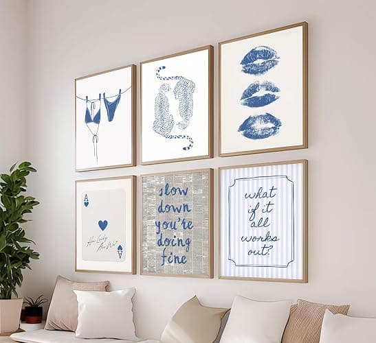 6Pcs Blue Coast Wall Art Blue and White Trend Poster Print Fashion Coast Granddaughter Painting Picture Preppy Wall Decor for Bedroom Dormitory 8x10in Unframed thumbnail 3