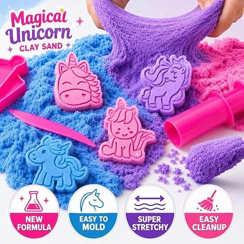 Carolart Unicorn Cloud Sand Sensory Kit, Sand Toys for Kids, Play Sand | Treasure chest unicorn toys with cloud clay, moldable sensory play sand, gift for girls boys ages 3+, travel sensory toy thumbnail 2