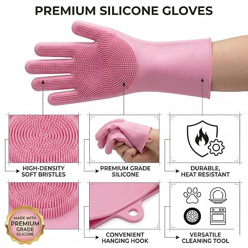 NVNAN Dog Bath Gloves for Washing, Pet Grooming Gloves with Shampoo Brush, Dog Bath Brush for Dogs and Cats, Essential Dog Bath Supplies (1 Pair, Pink) thumbnail 6