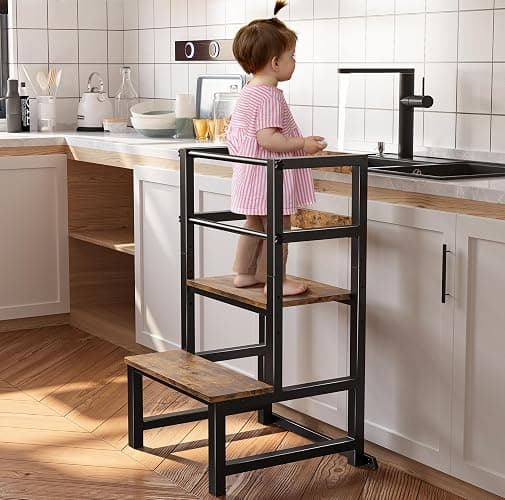 INNOD Kitchen Step Stool for Toddlers, Height Adjustable Toddler Tower with Safety Rail, Steel and Wood Toddler Kitchen Stool Helper Kids, Stool for Kids, Learning Tower, Kids' Desk Brown - Wood - Image 1
