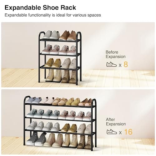 STO STO Expandable Shoe Rack, 3-Tier Metal Small Shoe Rack for Closet, Up to 16 Pairs Adjustable Shoes Racks Storage for Front Door Entrance, Free Standing Shoes Rack Organizer for Entryway, Black thumbnail 4