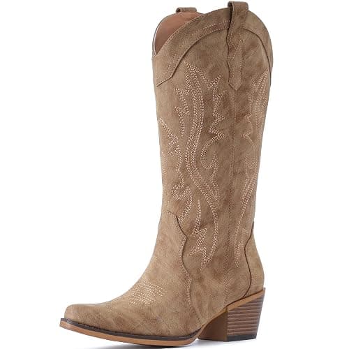 IUV Cowboy Boots For Women Western Cowgirl Boots with Chunky Heel Mid Calf Snip Toe Ideal for low insteps thumbnail 2