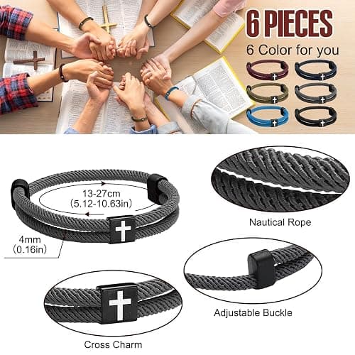 Landical 6 Pcs Braided Cross Bracelet Adjustable Rope Jesus Bracelet Christian Religious Gift for Men Women WWJD Wristband Metal Knot thumbnail 2