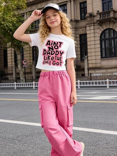 GOLLUNER Girls 2 Piece Outfits Short Sleeve Letter Print Top＋Wide Leg Pants with Pockets Summer Clothing Set Sizes 8-15 Years thumbnail 3