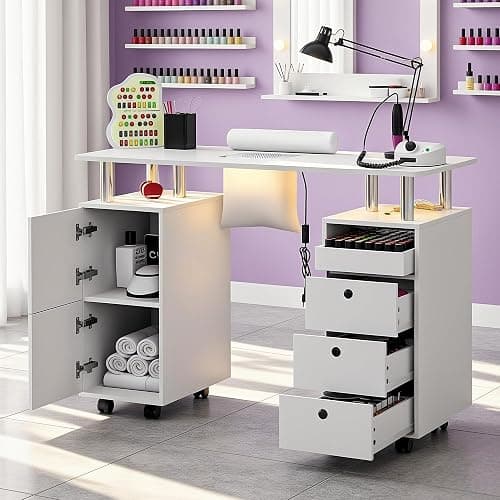 HolaiNail Nail Desk for Nail Tech w/Electric Dust Collector, Rolling Manicure Table w/Lockable Wheels, Storage Drawers, Wrist Cushion, Acetone Resistant, for Nail Beauty Salon Workstation (White) thumbnail 2