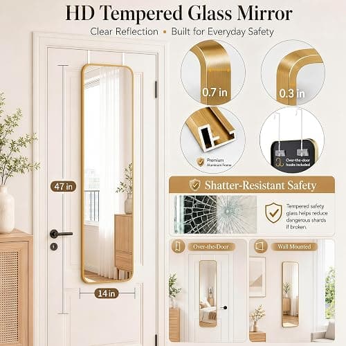 SCWF-GZ 47x14 Full Length Mirror Over the Door Hang or Wall Mounted Gold | HD Clear Tempered Glass,Aluminum Frame Rect Full Body Dressing Make-up Mirrors for Bedroom,Bathroom, Entryway,Living Room thumbnail 2