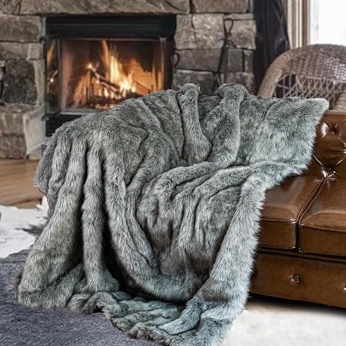 BATTILO HOME Silver Grey Faux Fur Throw Blanket for Couch, Bed, Fake Fur Blankets & Throws, Thick Warm Heavy Fluffy Fuzzy Elegant Furry Blanket Long Pile with Black Tips, 50"x60" thumbnail 8
