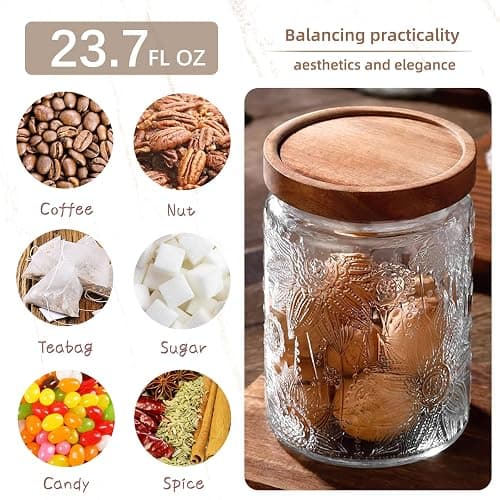 Custde Vintage Glass Jar with Wooden Lid, 23.7 fl oz - Airtight Decorative Food Storage Canisters for Kitchen Counter, Ideal for Candy, Sugar, Coffee, Cookies thumbnail 5
