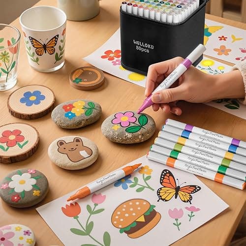 WELLOKB Acrylic Paint Markers, 80 Colors Acrylic Markers, Dual Tip Fabric Paint Pens for Rocks, Wood, Glass Painting, Coloring Books,Paper, DIY Crafts Art Supplies for Adult, Strong Coverage thumbnail 8