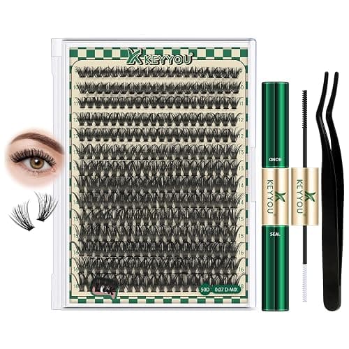 DIY Lash Extension Kit 280pcs Individual Lashes D Curl Eyelash Extension Kit KEYYOU 50D 9-18Mix Natural Lash Clusters with Lash Bond and Seal and Lash Applicator for DIY at Home(KIT-50D-0.07D-9-18Mix) - Image 1