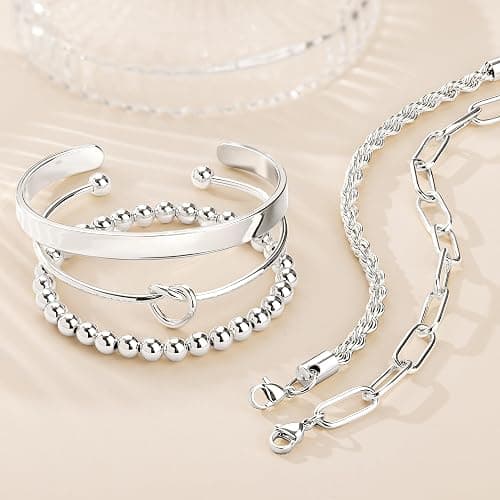 Gokeey Gold Bracelets Set for Women Non Tarnish, Waterproof 14K Gold Plated Sterling Silver Chunky Cuff Bracelet Stackable Gold Bangles Bracelet for Women Trendy Fashion Accessories Tie Knot Cuban Rope Paperclip Beaded Bracelet Stack Jewelry Mothers Day Gifts for Mom Birthday thumbnail 5