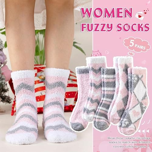 Womens Fuzzy Socks Fluffy Cozy Heart Comfy Winter Thick Warm Pink Plush Fleece Sleep Slipper Socks 5 Pairs thumbnail 4