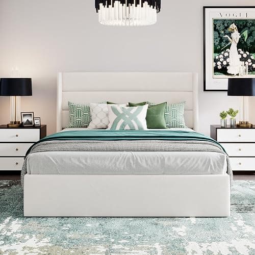 SHA CERLIN Full Size Lift Up Storage Bed/Velvet Upholstered/Modern Wingback Headboard/Upholstered Platform Bed Frame/Hydraulic Storage/No Box Spring Needed/White thumbnail 3