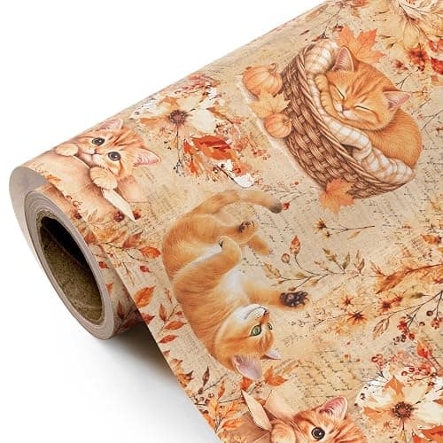 WRAPAHOLIC Kraft Fall Wrapping Paper Roll - Mini Roll - 17 Inch x 16.5 Feet - Cat, Autumn Maple Leaves, Pumpkin Wrapping Paper for Autumn, Thanksgiving, Party, Holiday thumbnail 2