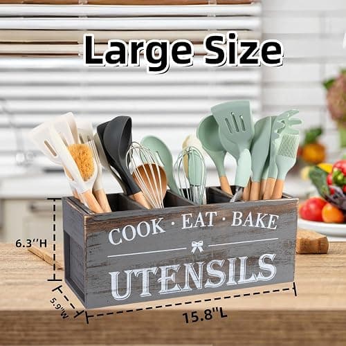LIBODOUR Utensil Holder,Extra Large Wooden Utensil Holder For Kitchen Counter,Cooking Spatula Organizer,Big Storage Caddy With 4 Compartments Flatware Spoon Tool Cutlery(Light Grey) thumbnail 3