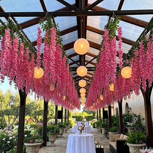 SVABLUM Artificial Wisteria Hanging Flowers Fake Wisteria Flower Garland Silk Vines Rattan Decor for Home Wedding Arch Wall Garden Greenery Bedroom Outdoor Office Party Decoration (24, Pink) thumbnail 2