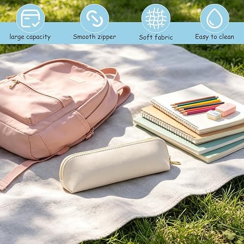 TENGWA PU Pencil Case Off White Leather Pencil Case Small Pencil Bag with Zipper Portable Cosmetic Holder Stuff Bags Suitable for School Office Travel Stationery and Cosmetic Storage thumbnail 6