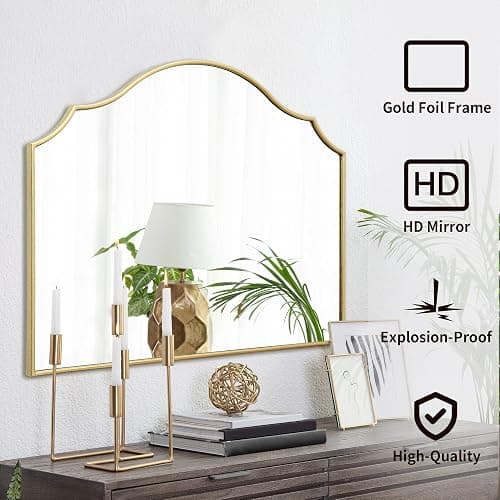 Besdomus Gold Scalloped Mirror for Dresser: 35"x26" Modern Wooden Mantel Mirror - Minimalist Decorative Wall for Vanity/Bedroom/Fireplace/Entryway - Ideal for 20-44 Age Fashion Women thumbnail 3