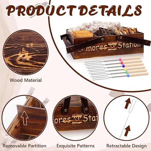 Portable Smores Kit 4 In 1 Smores Caddy Organizer with Handle 6 Pcs 32 Inch Marshmallow Roasting Sticks Dark Brown Smores Basket Tray with Handles Wooden Smores Maker Box with Lid for Camping Outdoor thumbnail 4