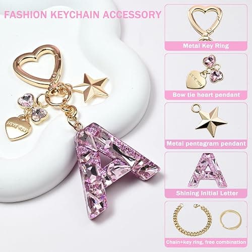 Cute Bling Keychain initial Letter Butterfly Star Pink Purple Gift for Women Girls Bag Cup Charms Accessories thumbnail 2