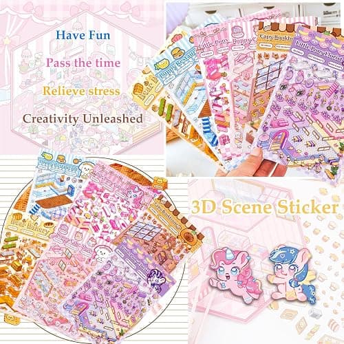 DIY 3D Sticker Scene 6 Sets of Stickers for Girls Make Your Own Mini Room Scene Stickers for Kids Cute Kawaii Sticker Therapy for Adult Relief Stress Pass The Time thumbnail 5