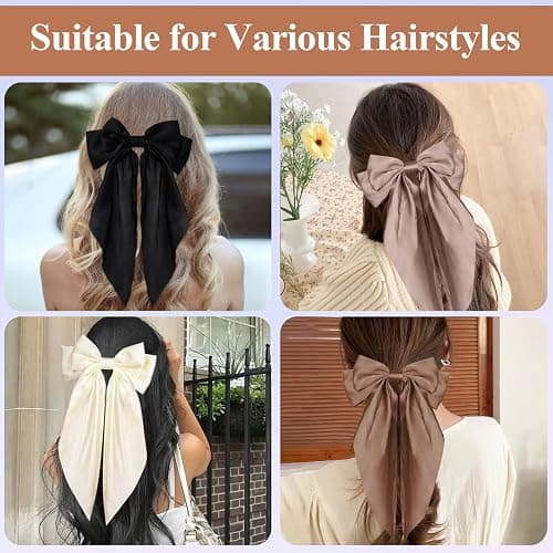 6 Pack Large Bows for Women - Big Solid Color French Hair Bow Clips with Long Tail Barrettes thumbnail 5