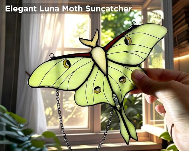 AuroAura Green Luna Moth Stained Glass Window Hanging - Handmade Real Glass Suncatcher for Women, Mom, Grandma - Elegant Green Butterfly Gifts Box Home Decor (H5.8xW7.3 Inch) thumbnail 4