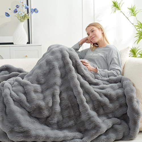Cozy Bliss Faux Fur Throw Blanket for Couch, Fuzzy Soft Plush Thick Bubble Blanket for Sofa Bedroom Living Room,50 * 60 Inches Light Grey thumbnail 4