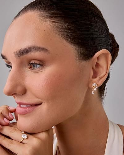 PAVOI 14K Gold Plated Dangle Flat Back Earrings for Women | Helix and Cartilage Pearl Cluster Triangle Lotus Pear Marquise Cubic Zirconia Screw Back Earring Pair thumbnail 4