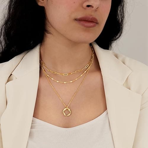 Poxtex Layered Gold Necklaces for Women,Stackable Dainty 14K Gold Silver Plated Trendy Circle Paperclip Chain Pendant Choker Necklace,Simpl Diamond Cross Bow Jewelry Set Gifts for Women thumbnail 2