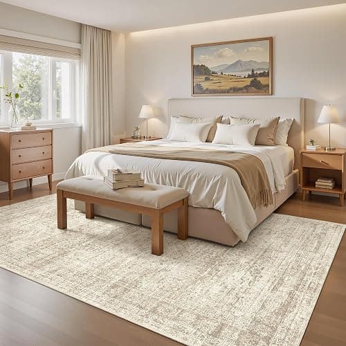 Soalmost 5x7 Area Rugs Beige Low Pile Washable Trendy Faded Style Rug | Vintage Non-Slip Indoor Accent for Bedroom Dining, Foldable Stain Resistant Floor Carpet Mat Under Table Home Office Decor thumbnail 9