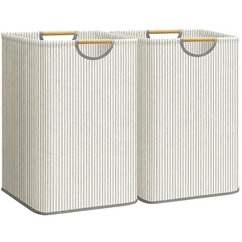 STORAGE MANIAC 2-Pack Large Laundry Hamper, 100L (26.4 Gal) Collapsible Laundry Basket with Bamboo Handles, Freestanding Waterproof Clothes Hamper for Laundry Room, Bedroom, Dorm, Towels, Stripe - Image 1