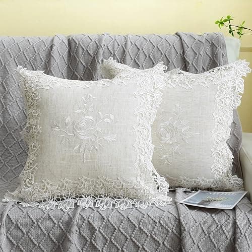 K MASANIJI 2 Pack Embroidered Spring Floral Throw Pillow Cover 18x18 inches, Farmhouse Off White Rose Lace Linen Blended Pillow Shams, Decorative (White Rose, Linen Blended) - Image 1
