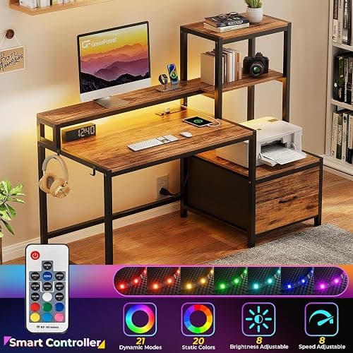 GreenForest Computer Desk with Drawers and Monitor Stand, Home Office Desk with Storage Shelves, Small Gaming Desk with Power Outlets and LED Lights for Study Writing Working, 51 inch Walnut thumbnail 5