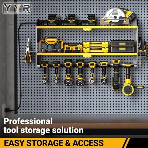 YYR Power Tool Organizer with Charging Station Wall Mount, Cordless Drill and Battery Holder for Garage Organization, Electric Tools Storage Rack Build in Surge Protection Power Strip - Yellow Shelf thumbnail 5