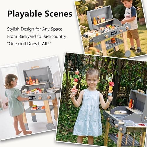 Leeshyah Wooden Kids Grill Playset – Realistic Play Barbecue Set with Grilling Tools and Foods – Pretend Grill Toy for Kids Ages 3+ thumbnail 6