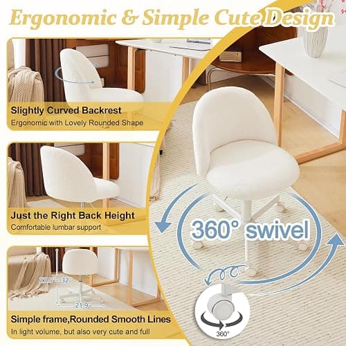 VINGLI Modern Vanity Chair with Back, Velvet Desk Chair for Girls, Small Office Chair with Silent Wheels， Stylish and Comfortable, White thumbnail 7