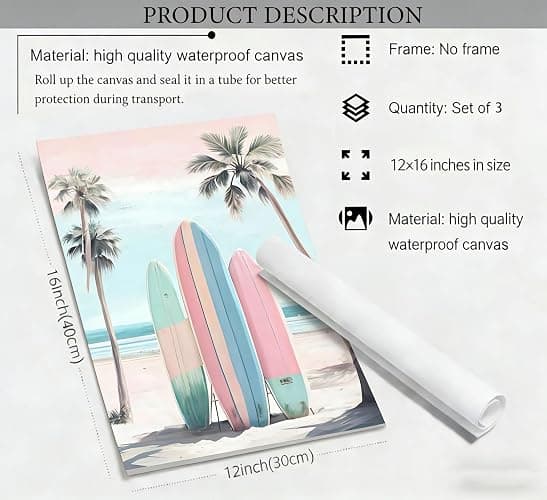 3Pcs Pink Beach Wall Art Tropical Teen Girl Coastal Canvas Poster Print Surfboard Palm Picture Wall Decor for Beach Room Bathroom Living Room Bedroom 12x16in Unframed thumbnail 3